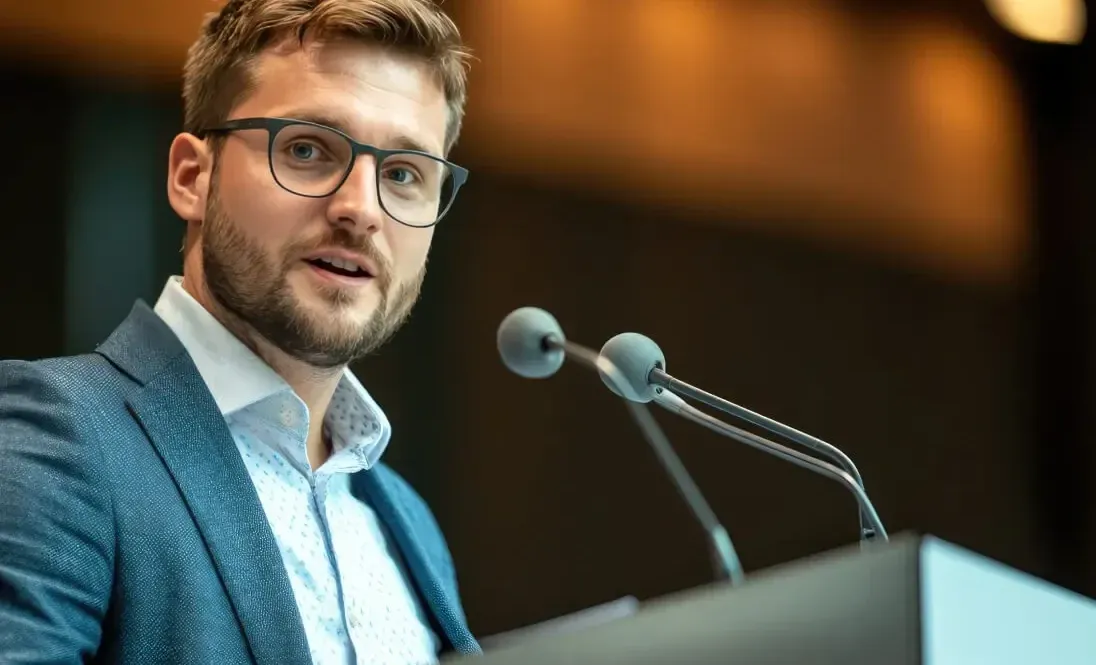 Conference speaker presenting to attendees
