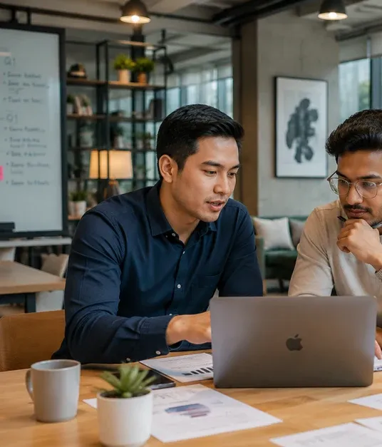 Two consultants reviewing business information